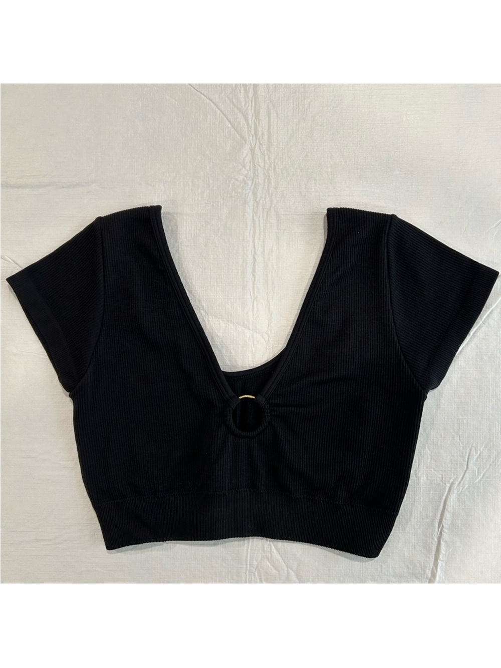 Aerie Black Ribbed V-Neck Crop Top with O Ring Detail